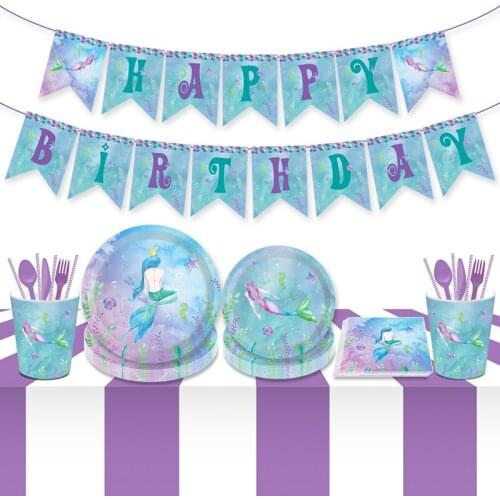 Mermaid Theme Party Tableware Baby Shower Paper Plate Cup Napkin Cartoon Sets Baby Shower Wedding Birthday Party Decoration