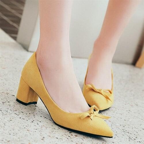 High Heels Pumps Pointed Toe Bow Women Shoes 2020 Spring Chunky Block Heels Work Office Dress Shoes Woman Plus Size Yellow Pink