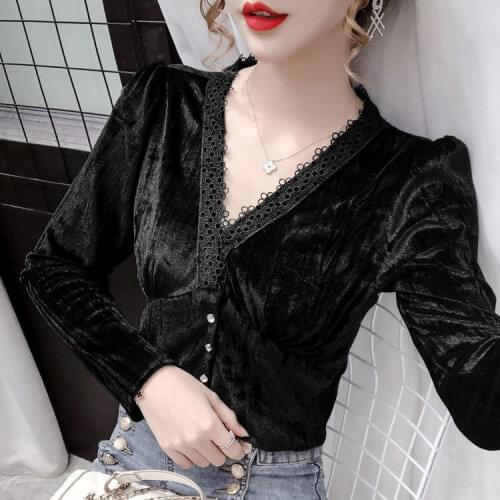 Women Autumn Long Sleeve V neck Shiny Blouse Shirts Vintage Female Fashion Lace Pullovers Office Lady Metallic Tops