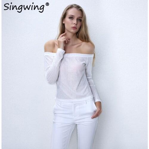 Singwing Knitted Slash Neck Solid color strapless T-shirts Women Summer Knitting Long sleeves T-shirt women Slim XXL T-shirt Top