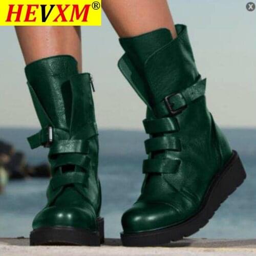 2020 Womens Leather Boots Winter Warm Shoes Women Motorcycle Snow Boots Handmade Shoe Zipper Round Toe Wedges Womens Shoes