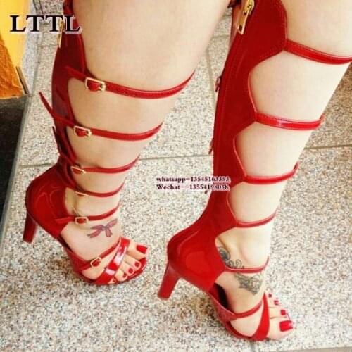 Women Gladiator Sandals Boots High Heels Buckle Balck Female Shoes Summer Woman Hollow Out Open Toe Sexy Cool Rome Boots