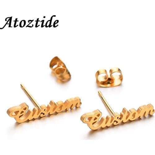 Atoztide Personalized Name Stainless Steel Letter Stud Earrings For Women Fashion Custom Name Piercing Earrings Nameplate