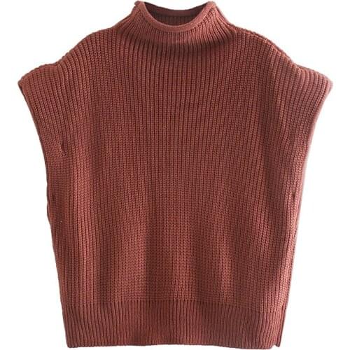 Women Za Fashion 2021 Vintage Sweater Burgundy Shoulder Pad Knit Sleeveless Blouse Ladies Vest Elegant Mujer Tops