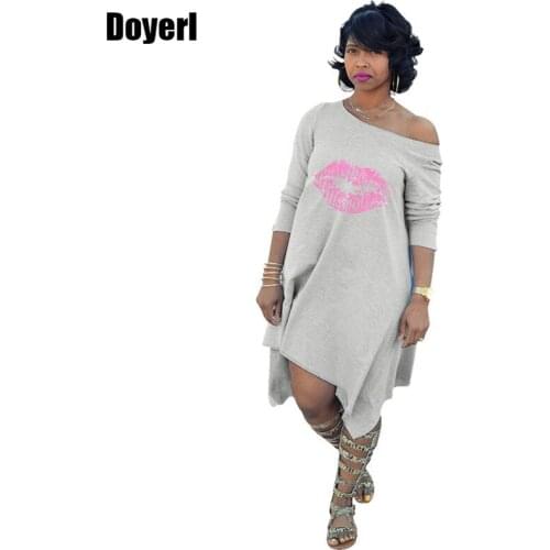 2020 Autumn Women Loose Long Sleeve Knee Length Casual Dresses Outfits O Neck Lip Printed Asymmetrical Hem Midi Dress Vestidos