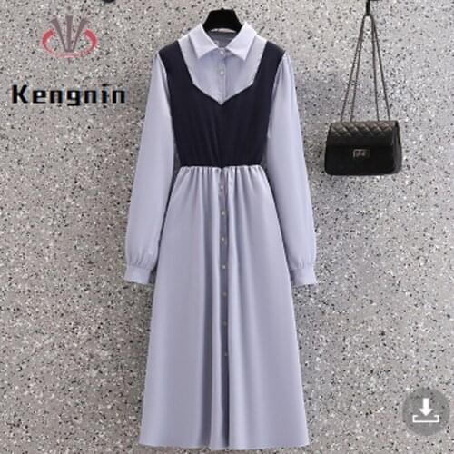 Fake Two Piece Women Shirt Dress Autumn Loose Oversized 4XL Female Robe Dress Patchwork Knitted Bow Office Lady Dresses KE1930
