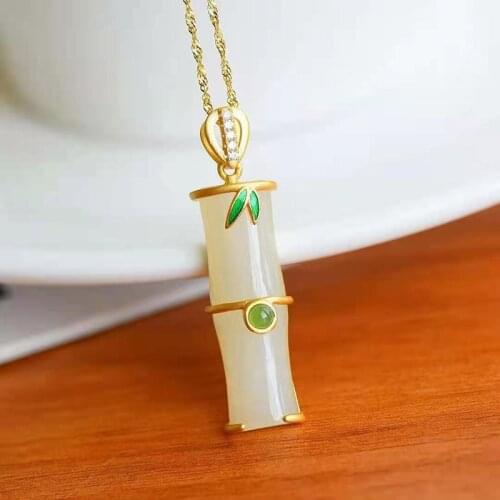 2021 New 925 Silver Bamboo Necklace Natural Hetian Jade White Jade Pendant Designed for Women Jewelry