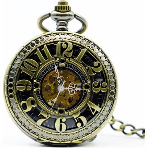 5pc/lot High Quality Hand Wind Bronze Mechanical Pocket Watch Arabic Numbers Clamshell Design Skeleton Watch PJX1224