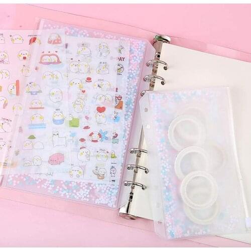 5 PCS Cute Glitter Sequins A6 Size Inner Pocket Standard 6 Hole File Holder Loose Leaf Clear PVC Zipper Binder Storage Pouch