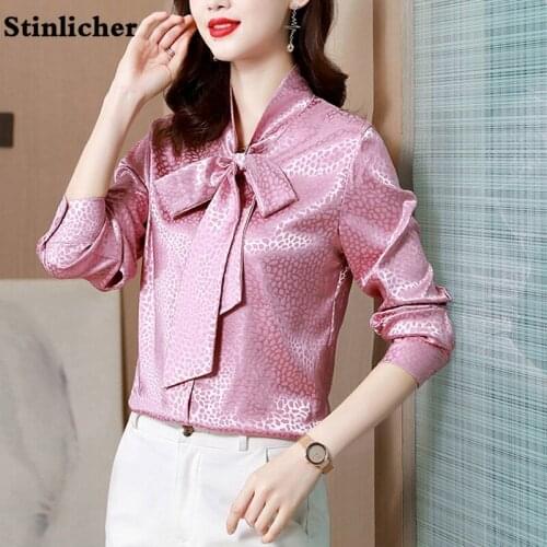 Hangzhou Silk Blouse Women Shirt Spring Autumn Long Sleeve Bow Polka Dot Print Satin Silk Shirt Tops Office Ladies Work Shirts