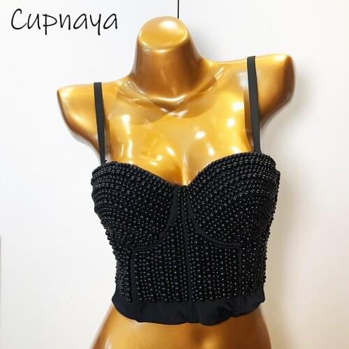 Cupnaya Summer Women Sexy Sparkle Pearls Crop Top Ladies Spaghetti Club Party Dance Wrap Corsets Camisoles Black White