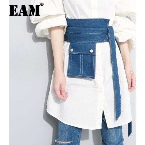 [EAM] 2021 New Summer Pocket Split Joint Button Irregular Blue Denim Long Wide Belt Women Fashion Tide All-match JF134
