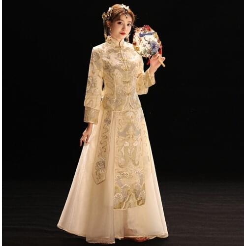 Classic Champagne Chinese Traditional Couple Wedding Suit Cheongsam Dress Refined Banquet Stylish Elegant Bride Vintage Qipao