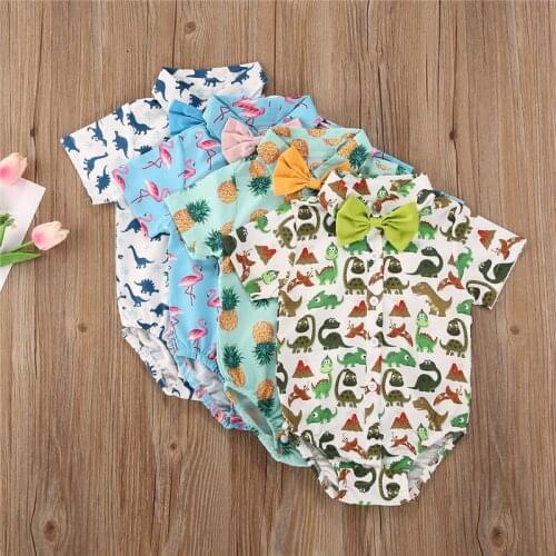 Newborn Baby Boy Gentleman Bodysuits 0-24M Short Sleeve Bow Tie Cartoon Printed Romper Jumpsuit Playsuit Outfits Summer Clothes
