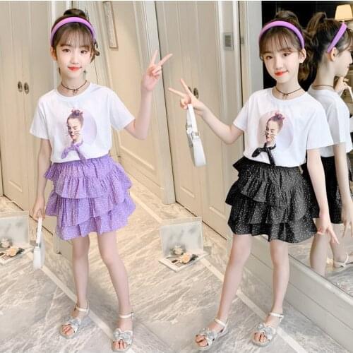 Summer Teen Girls Clothes Suit Little Girl Pattern Tshirt+Dot Layered Skirt 2Pcs For Children Outfits Teenager Clothing 4 To 13Y