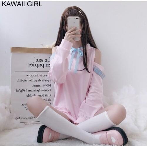 Soft Girl Japanese Cute Lazy Style Kawaii Dress 2020 Autumn New WomenS Hooded Dress Loose Pink Off The Shoulder Mini Dresses