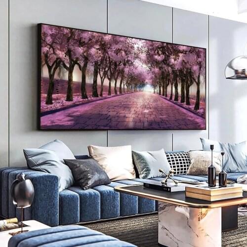 Stillness Purple Tree Road Oil Painting on Canvas Landscape Wall Art Posters Prints Wall Picture for Living Room Home Cuadros