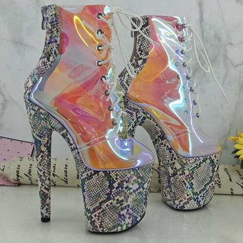 Carpaton Newest Transparent PVC Patchwork High Heel Boots Snakeskin Leather Platform Ankle Boots Ruunway Super High Lace-up Shoe