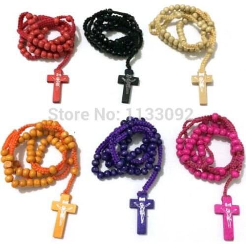 Wholesale free ship 36pcs/lot Mix colors Catholic Confirmation Gift Holy Spirit Cross Wood Beads Cord Rosary Necklace