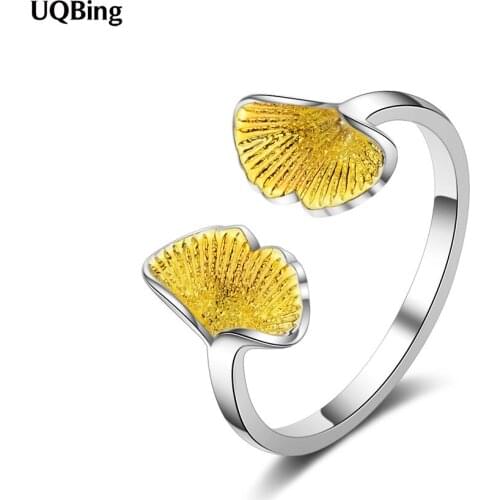 Open Adjustable Gold Ginkgo Flower Rings For Women 925 Sterling Silver Jewelry