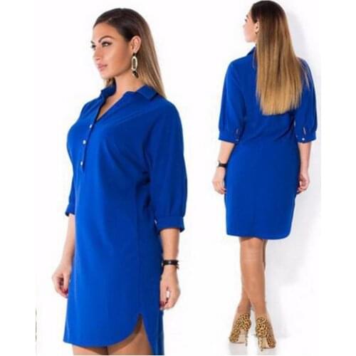 Fashion Womens Clothing Summer Autumn Turn Down Collar Split Dress Blue Sexy Irregular Large Size Shirt Dress