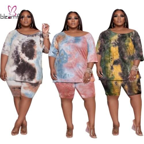 Plus Size Two Piece Set 4XL 5XL Women Tie Dye Print 2 Piece Set Fesival Clothes T-Shirt And Biker Short Sporty Matching Set