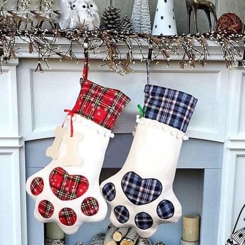 10Pcs 46x28CM Dog Paw Christmas Socks Christmas Socks Children Candy Biscuits Chocolate Gift Bag Christmas Tree Decorations