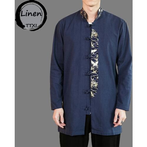 Chinese Style Mens Cotton Linen Shirt Tang Suit Mens Long Sleeve Stand Collar Coil Button Coat Traditional Chinese Tops