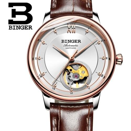 Ultra-thin Japan 90S5 Automatic Movemt Tourbillon Switzerland BINGER Womens watches sapphire Mechanical Wristwatches B-1180W
