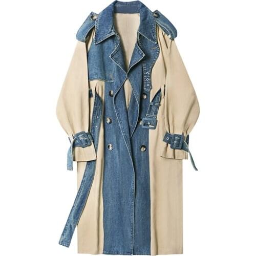 2020 Spring Long Coat Women Korean Fashion Denim Patchwork Windbreaker Temperament Double-breasted Sashes Trench Coat Women G181