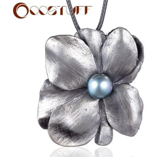 Vintage Plant Jewelry Long Necklace for Women Flower Pendant Beads Black Rope Chains Jewellery Suspension Chokers Hotsale 2021