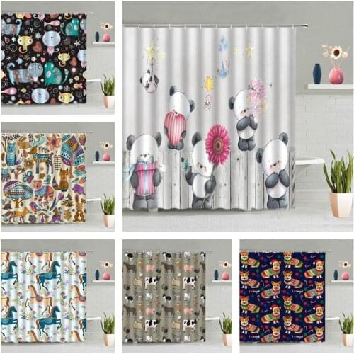 Cartoon Panda Shower Curtain Dog Cat Deer Horse Cow Tiger Animal Colourful Flower Tree Love Heart Star Children Waterproof Decor