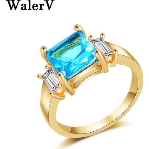 WalerV New Fashion Jewelry Popular Square Shape for Women Custom Gold Color Ring Red Charm Blue Crystal Finger Ring Gift 6-10