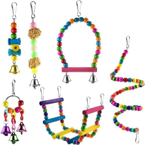 WSFS Hot 6 Pcs Bird Parrot Toys, Bird Swing Toy Colorful Chewing Hanging Hammock Swing Bell Pet Climbing Ladders Toys Bird Toys