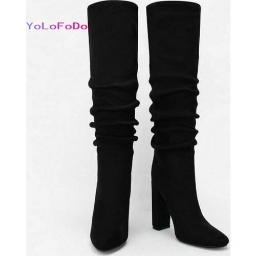 2021 Autumn Winter Women Knee High Boots Faux Suede High Quality Women Square High Heel Boots Fashion Round Toe Pleated Boots
