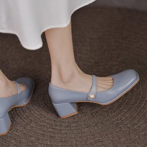 Women Mary Janes Shoes Square Toe Pumps Pearls Square Heels Boat Shoes Med Heeled Dress Shoes Zapatos Mujer Blue Black 9340N
