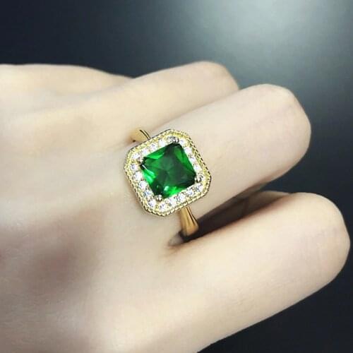 Vintage square green crystal emerald gemstones diamonds rings for women 14 gold color jewelry bijoux bague party gifts accessory