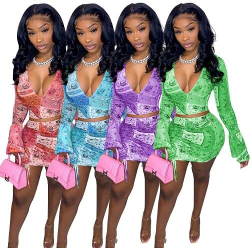 Sexy Deep V Neck Bandana Outfit Long Flare Sleeve Crop Top and Drawstring Mini Skirts Women 2 Pieces Skirt Sets Club Party Wear