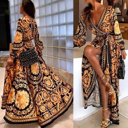 Womens Boho V-Neck Printed Sundress Long Maxi Dress for Summer -MX8