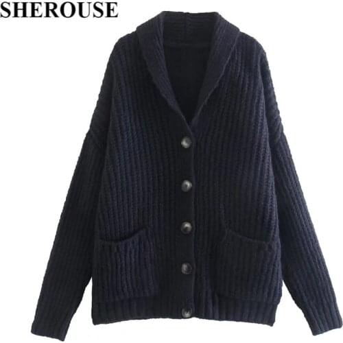 SHEROUSE Women Fashion Knitted Single Breasted Solid Oversize Cardigan V-Neck Long Sleeves Vintage Female Sweater Chic Tops