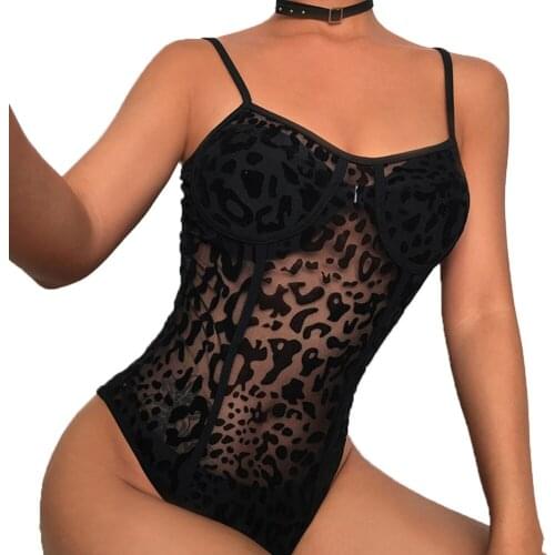 New Ladies Floral Lingerie Mesh Leopard Perspective Bodysuits Sexy Women Lace Lingeries Jumpsuit Sleepwear