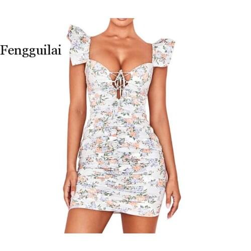 2020 Summer Girls Sweet Floral Print Low Bust V Neck Lace Up Skinny Dress Pleated Hip Package Mini Bodycon Women Ruffles Outfits
