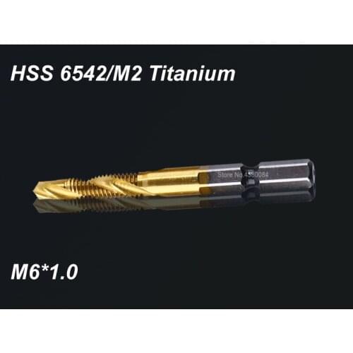 1Pc 6MM HSS Spiral Pointed Complex Taps Titanium M2 Stainless Steel Tapping Chamfering Tool 1/4" Hex Shank Metric M6*1.0