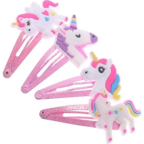 4PCS/Set Cartoon Glitter Unicorn Hair Clips Kids Girl Hairpins Cute Animal Plastic Hairclips BB Clips Hearwear Hair Accessories