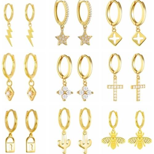 Aide 925 Sterling Silver Cubic Zirconia Cross Bee Star Pendant Hoop Earrings For Women Evil Eyes Cactus Huggie Earrings Jewelry