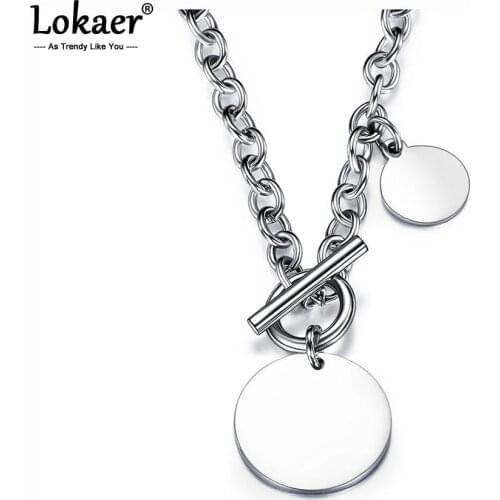 Lokaer Hiphop/Rock Titanium Stainless Steel Glossy Round Tag Charm Pendant Necklaces Jewelry Punk Chain & Link OT Buckle N17085
