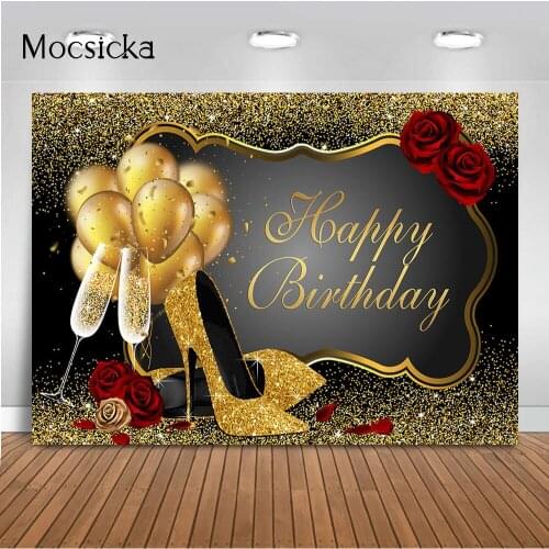 Glitter Gold Happy Birthday Backdrop Red Rose Floral Golden Balloons Heels Champagne Glass Background for Women Birthday Party