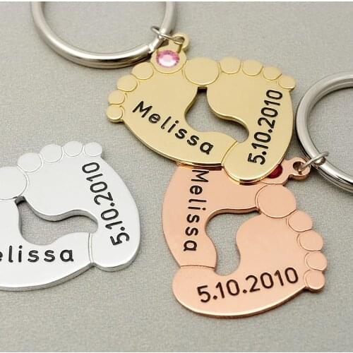 Personalized Date Name Keychain Footprint Keyrings Baby Stats Jewelry New Dad Mom Keepsake Baby Birth Memorial Gift