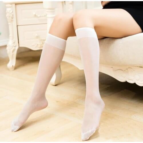 Sexy Stockings Transparent Crystal Silk Thin Summer Nylon Knee Socks Female Ladies White Black Half Calf Long Socks For Women