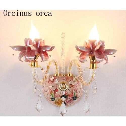 European Garden ceramic crystal lamp bedroom bedside lamp wall lamp light pink French double aisle wall lamp free shipping